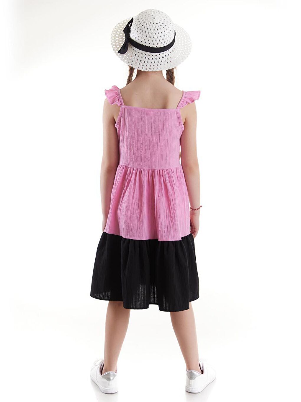 Pembe Kız Çocuk Düğmeli Şapkalı Yazlık Elbise Pamuklu Ak2516-7