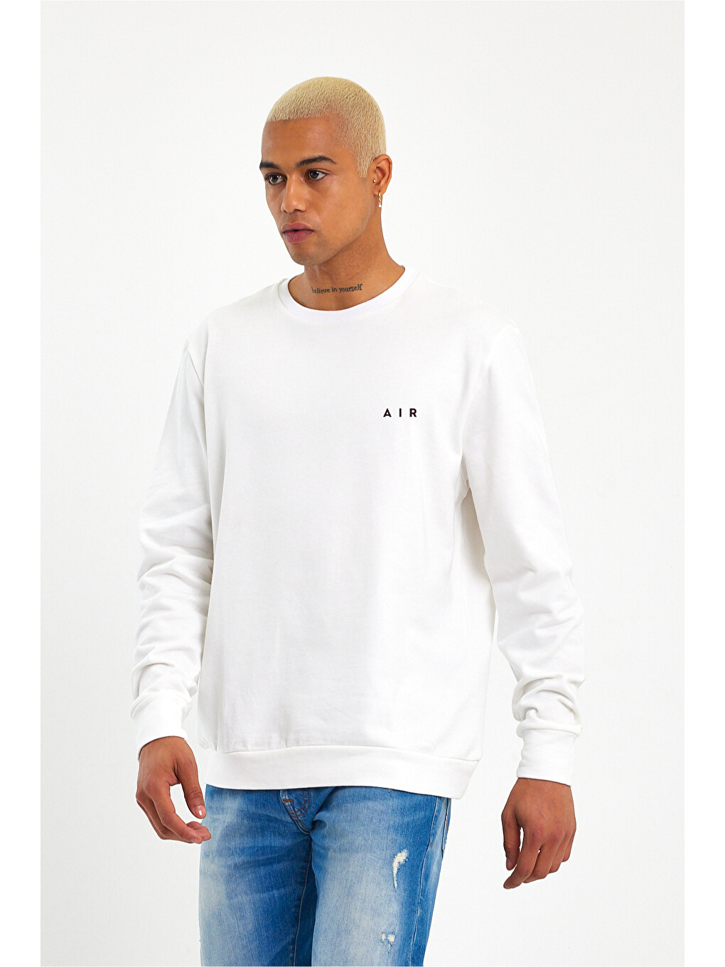 Beyaz Erkek Bisiklet Yaka Regular Kalıp İnce Air Baskılı Sweatshirt Spr24sw124-1