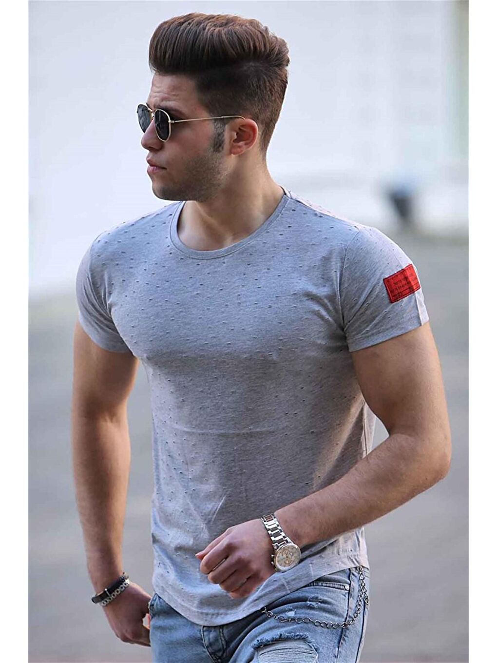 Yırtık Detaylı Gri Tişört 2883