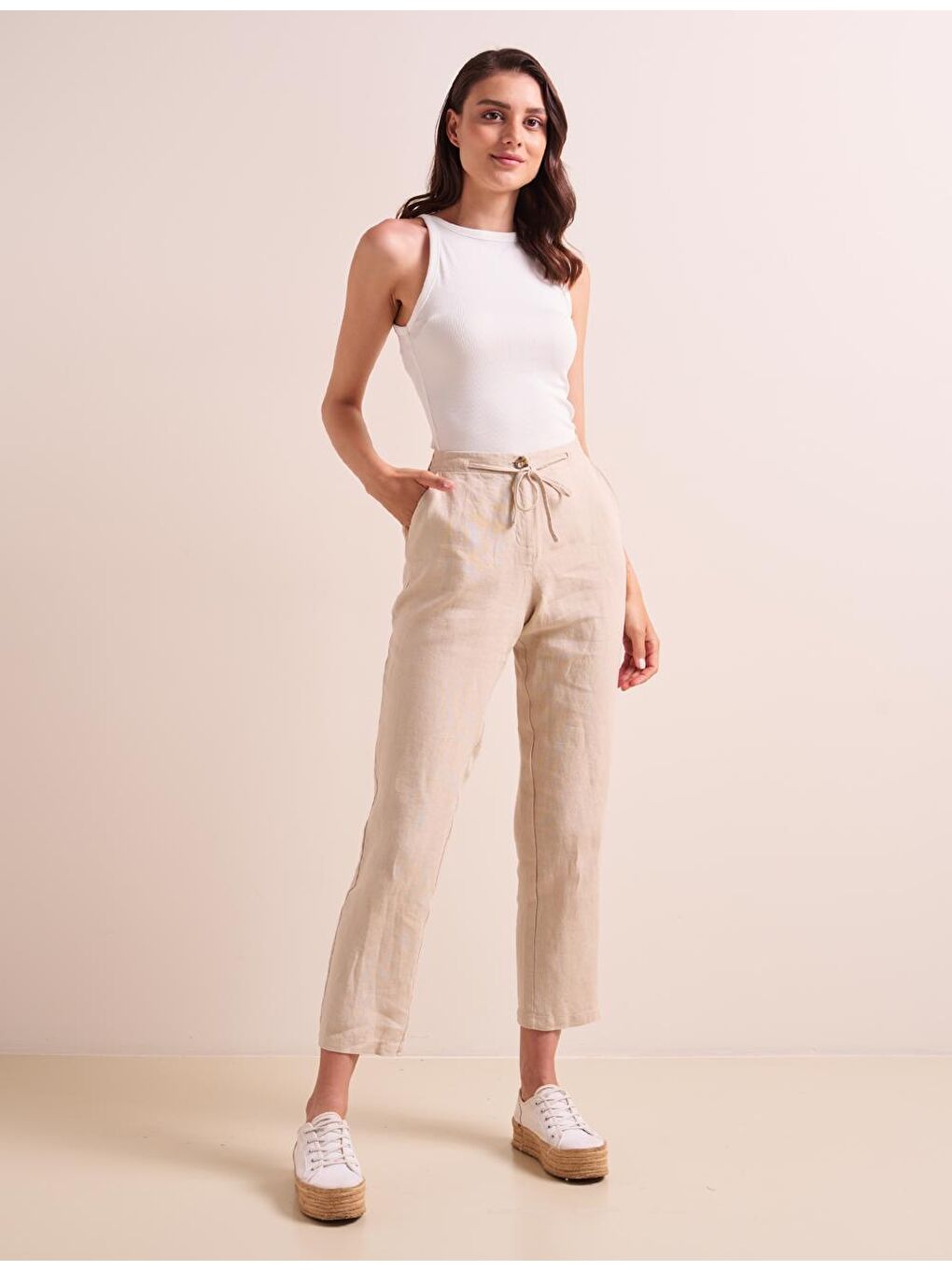 Bej Taş Düz Kesim Beli Lastikli Cepli Keten Pantolon