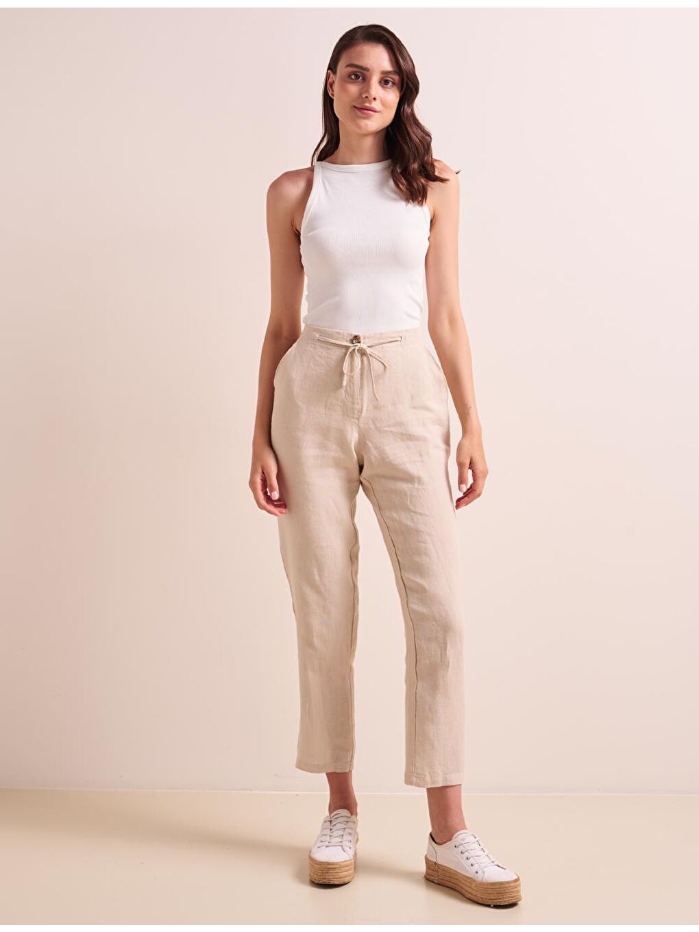 Bej Taş Düz Kesim Beli Lastikli Cepli Keten Pantolon-1