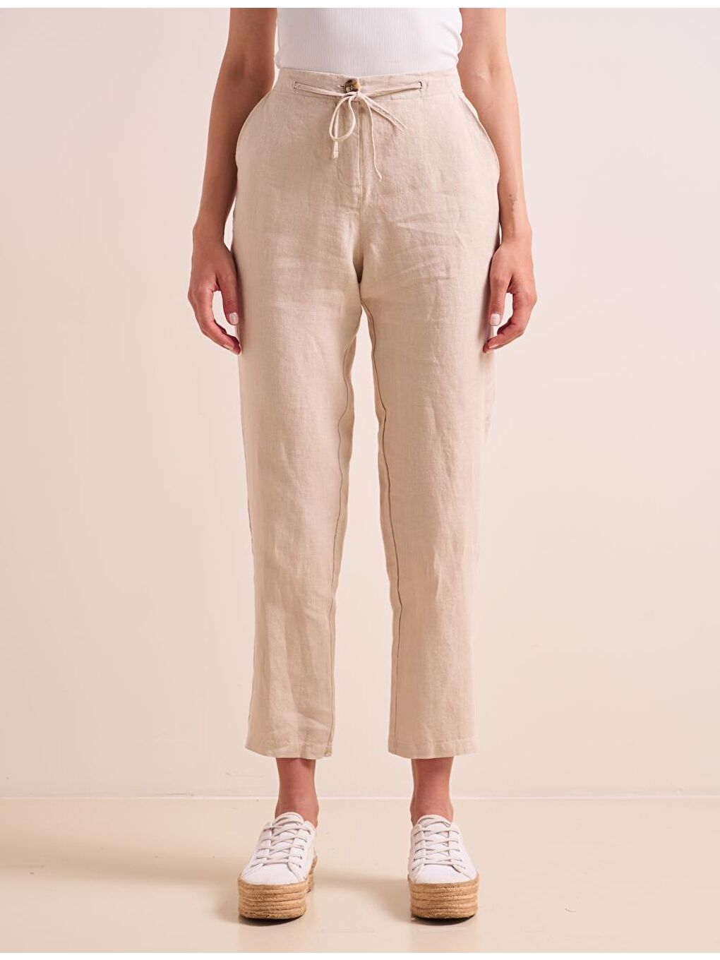 Bej Taş Düz Kesim Beli Lastikli Cepli Keten Pantolon-2