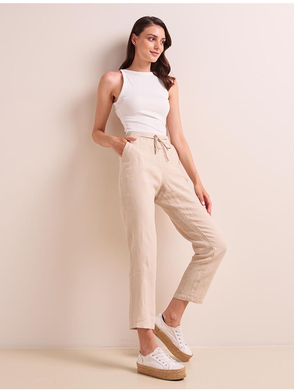 Bej Taş Düz Kesim Beli Lastikli Cepli Keten Pantolon-3