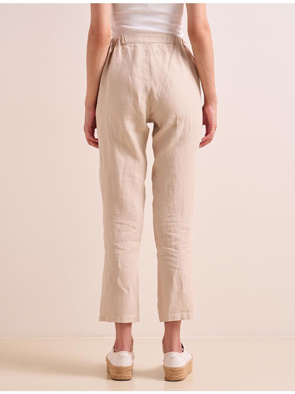 Bej Taş Düz Kesim Beli Lastikli Cepli Keten Pantolon-4