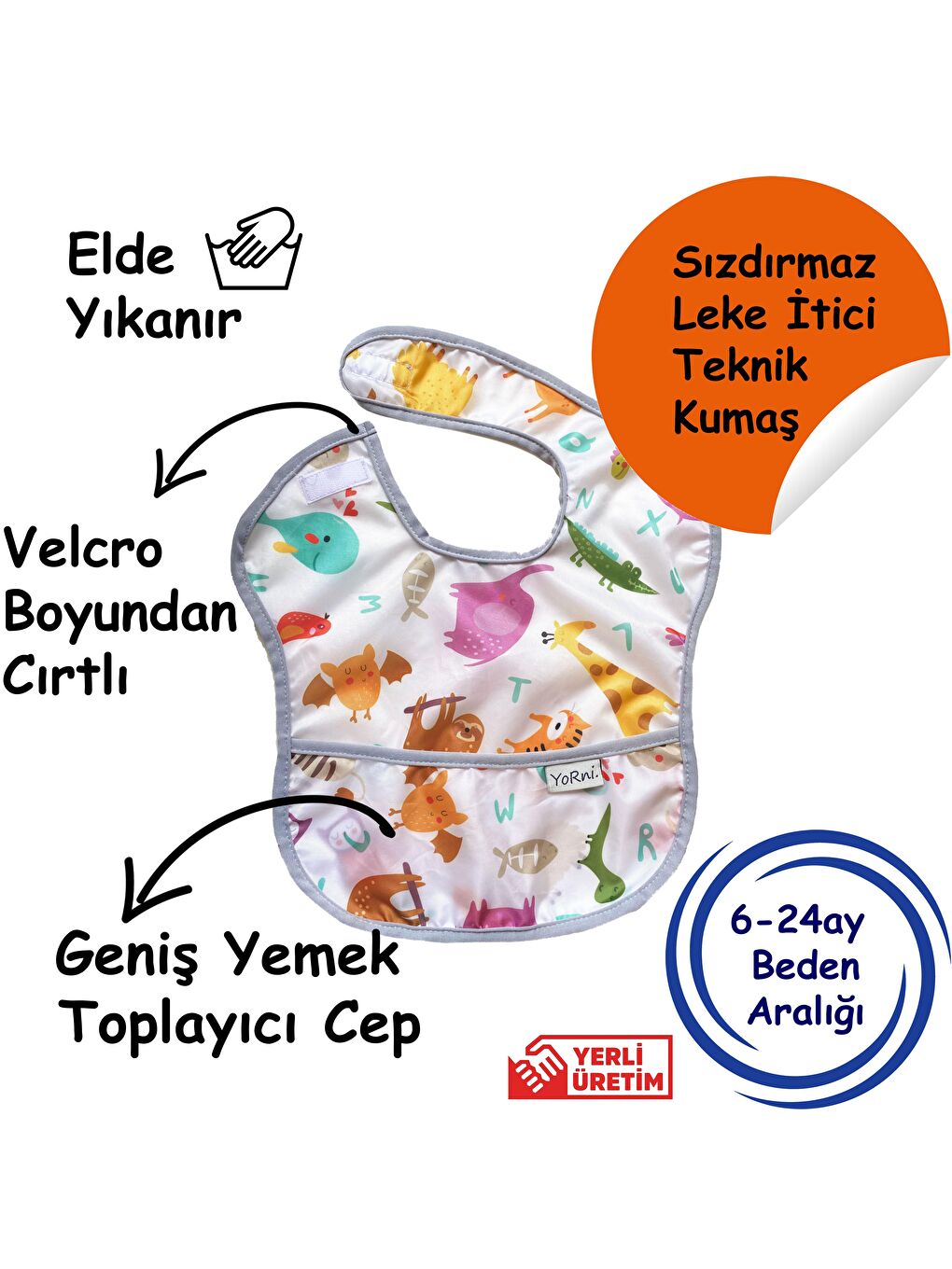 Yorni Beyaz 6-24ay Zoo, Boyundan Cırtlı, Sıvı Geçirmez, Makinede Yıkanabilir, Ekoteks, Cepli Bebek Mama Önlüğü - 2