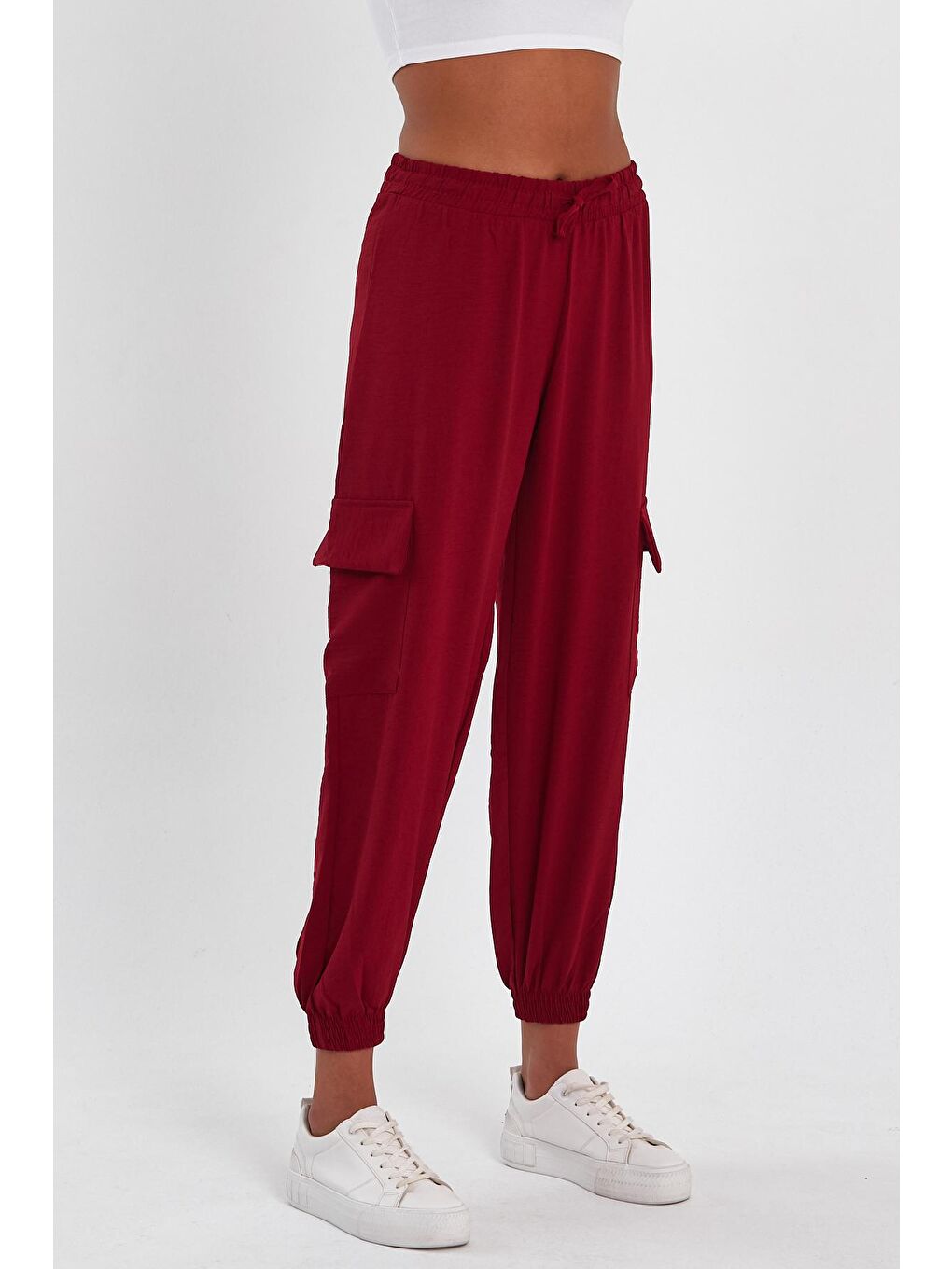 Bordo Kadın Beli Lastikli Kargo Cepli Paça Lastikli Pantolon-2