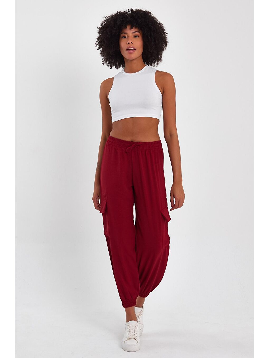 Bordo Kadın Beli Lastikli Kargo Cepli Paça Lastikli Pantolon-3