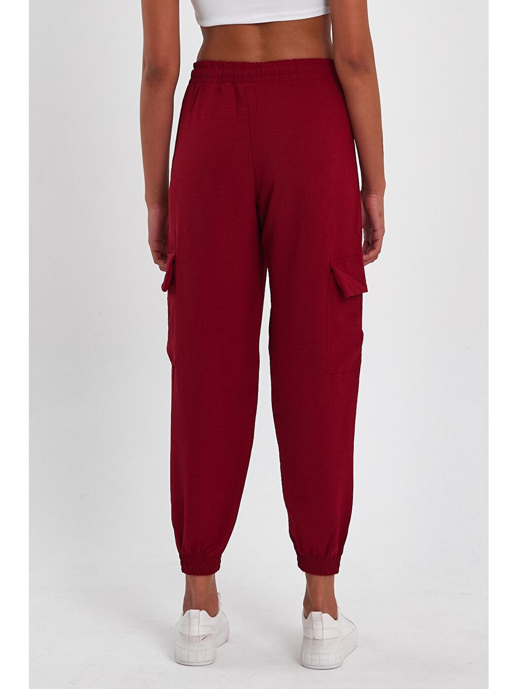 Bordo Kadın Beli Lastikli Kargo Cepli Paça Lastikli Pantolon-4