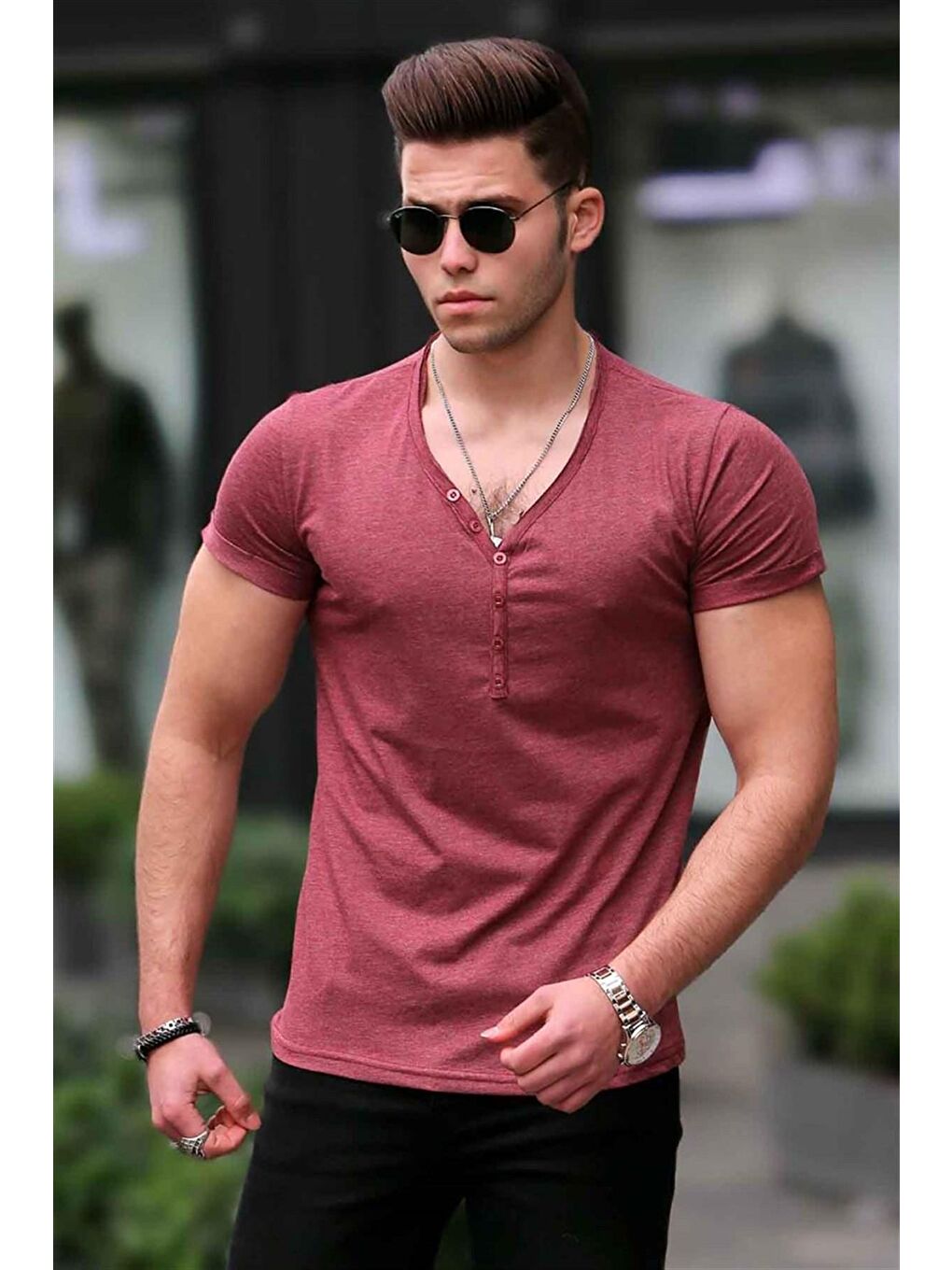 Düğmeli Bordo Basic %100 Pamuk Tişört 4052
