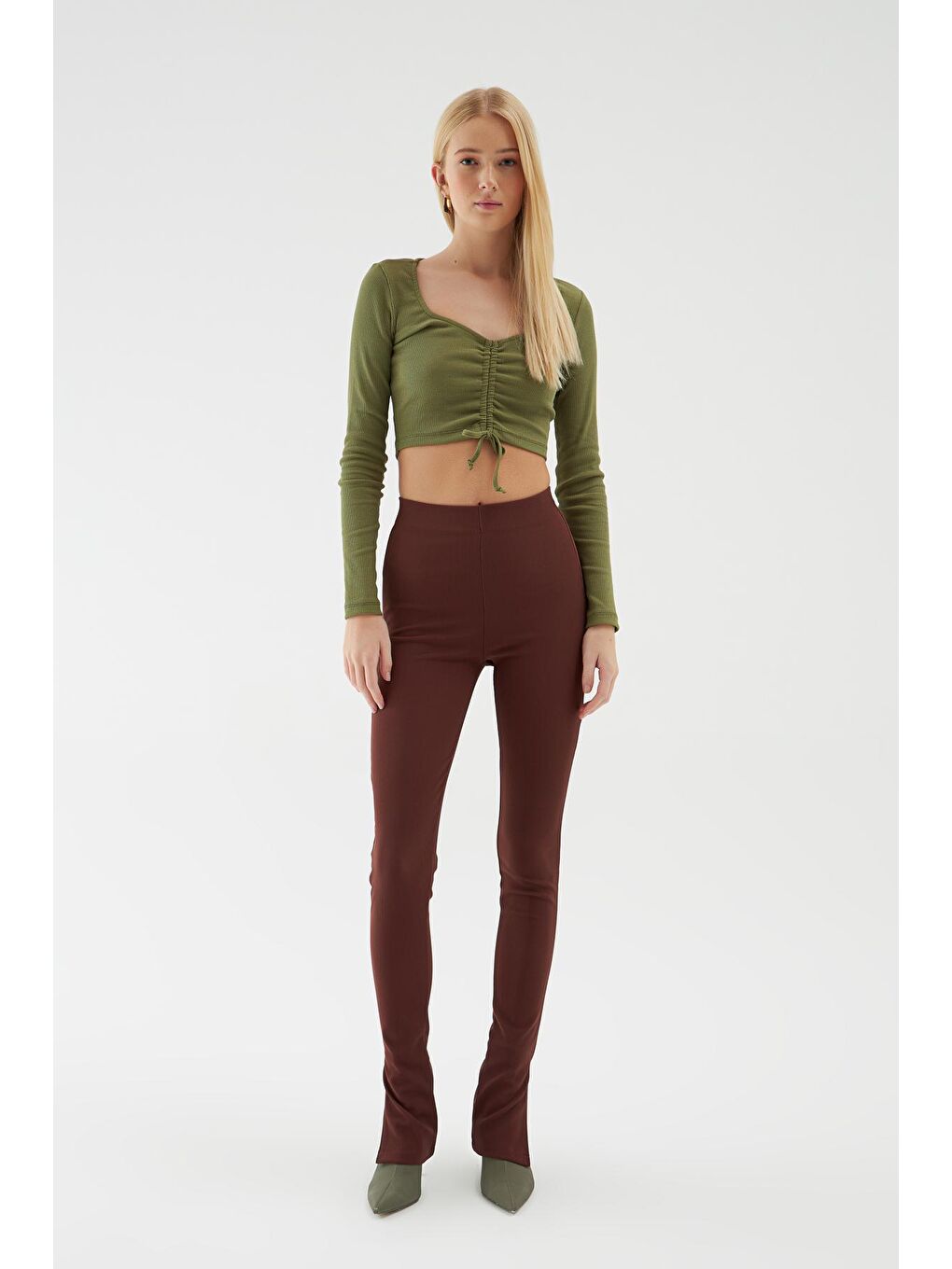 Yanı Yırtmaçlı Pantolon Kahverengi-1