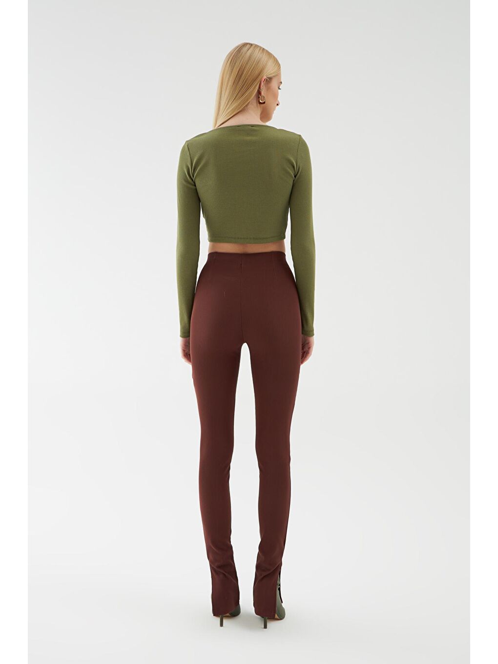 Yanı Yırtmaçlı Pantolon Kahverengi-4