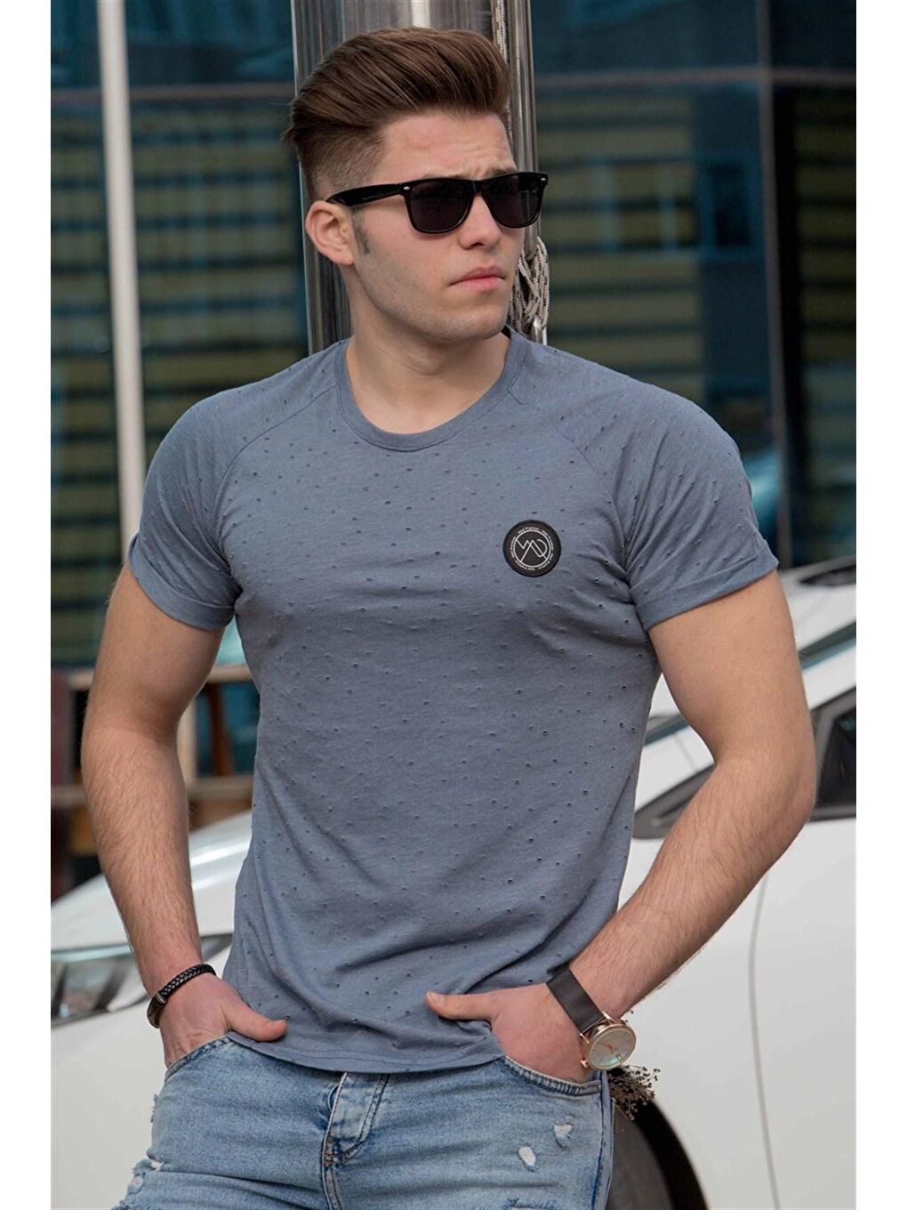 Gri Yırtık Detaylı Füme Tişört 4058