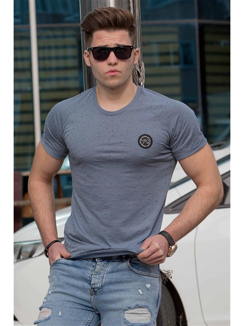 Gri Yırtık Detaylı Füme Tişört 4058-1