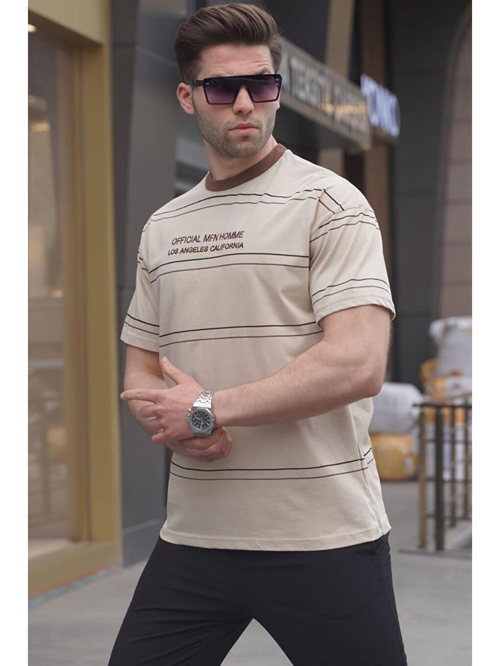 Bisiklet Yaka Bej Çizgili Standart Kalıp Erkek %100 Pamuk Tişört 6063
