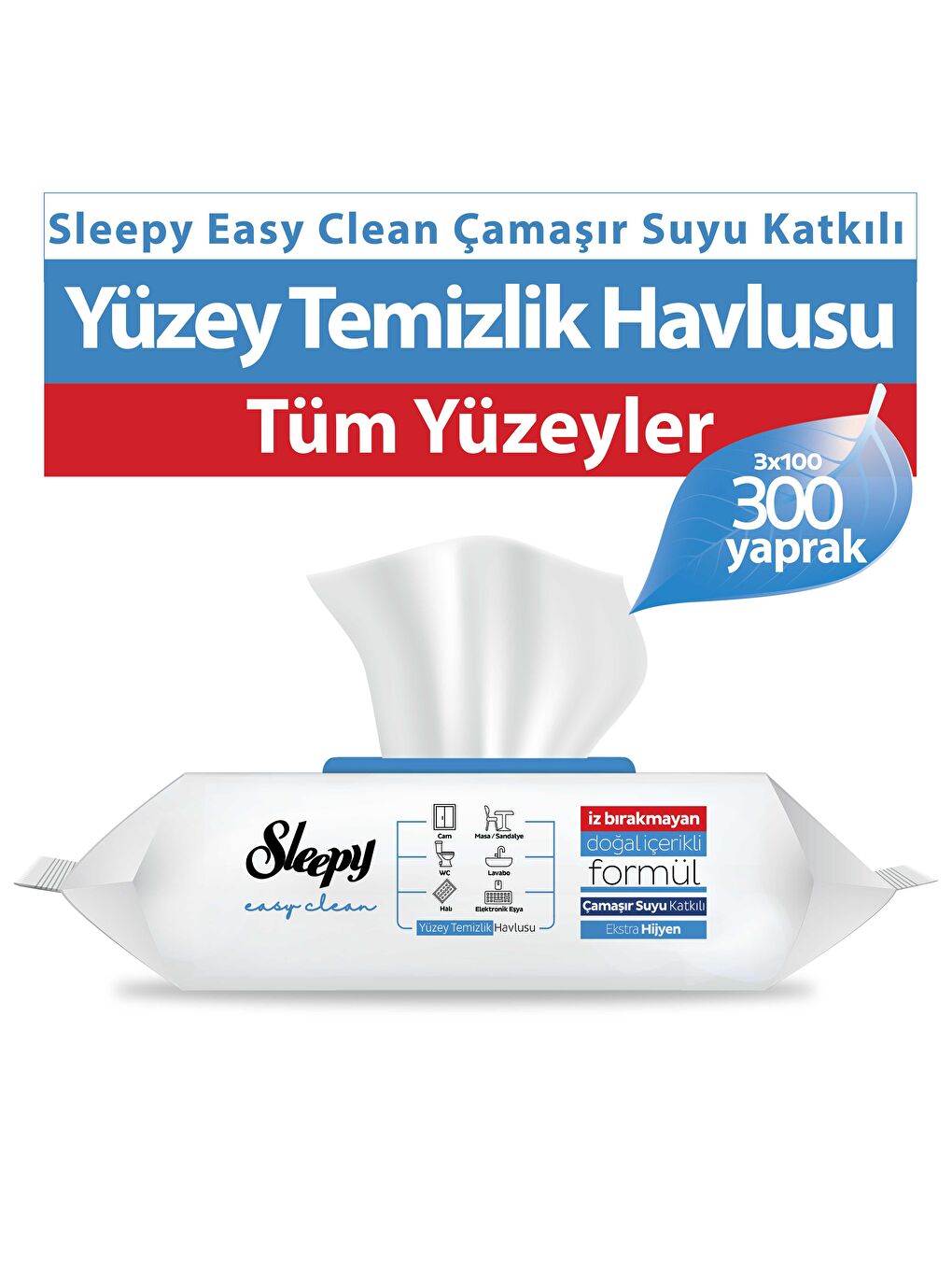 Sleepy Easy Clean Çamaşır Suyu Katkılı Yüzey Temizlik Havlusu&mendili 3x100 (300 Yaprak)