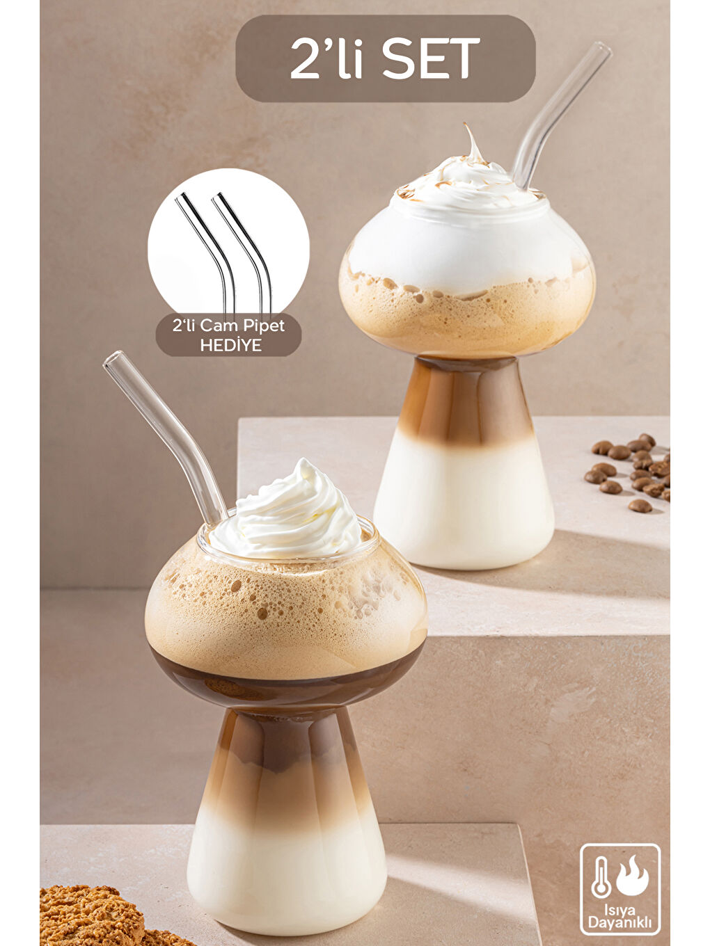 Renksiz 2'li Isıya Dayanıklı Kahve ve Sunum Bardağı Pipet Hediyeli