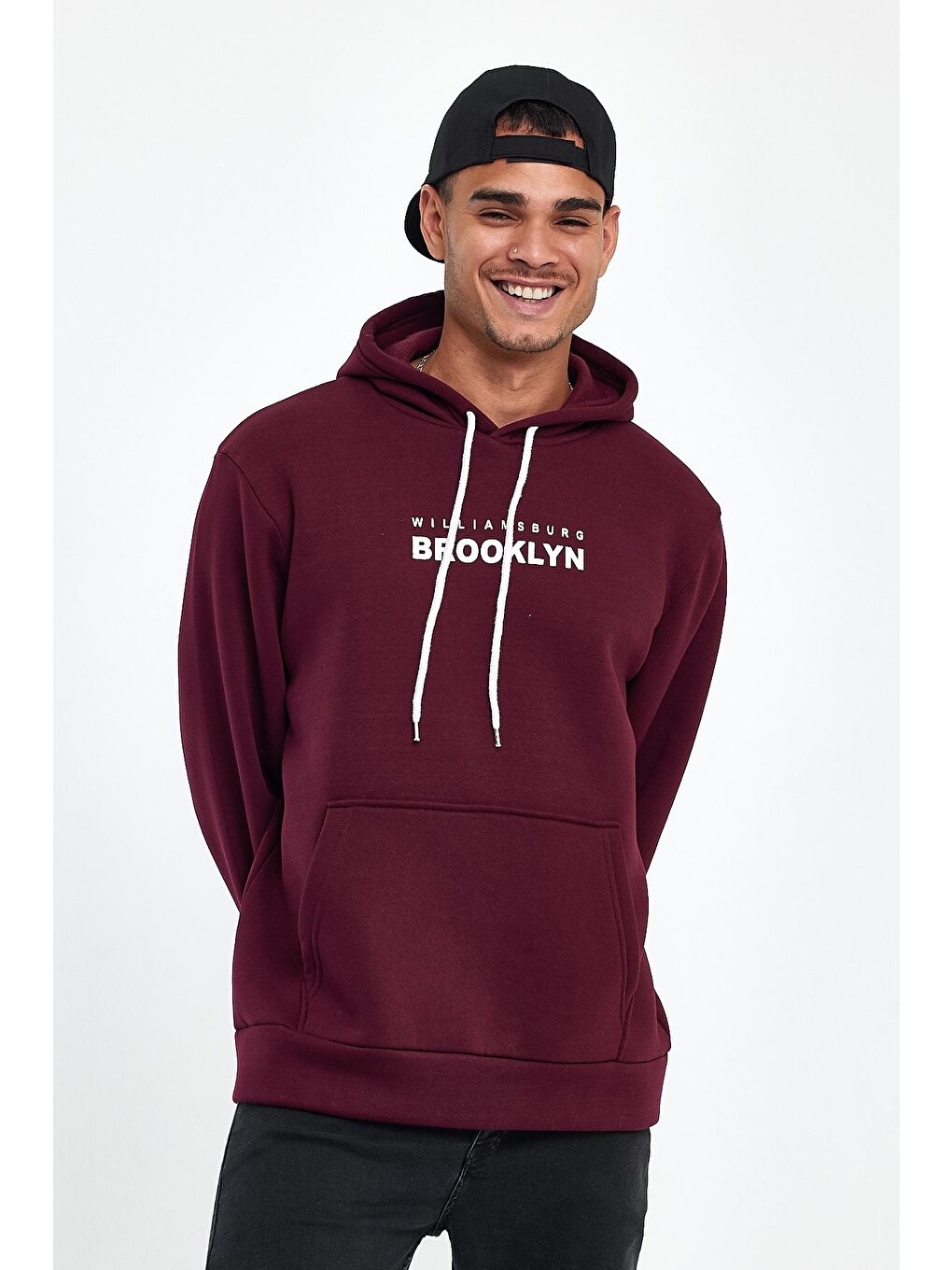 Bordo Erkek Kapüşonlu Regular Fit İçi Polarlı 3 İplik Wıllamsburg Brooklyn Baskılı Spr24sw04