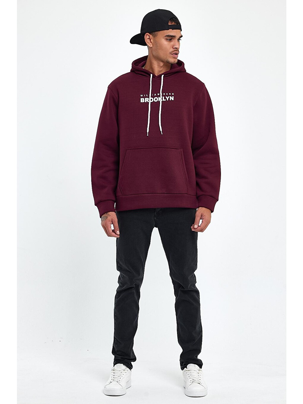 Bordo Erkek Kapüşonlu Regular Fit İçi Polarlı 3 İplik Wıllamsburg Brooklyn Baskılı Spr24sw04-1