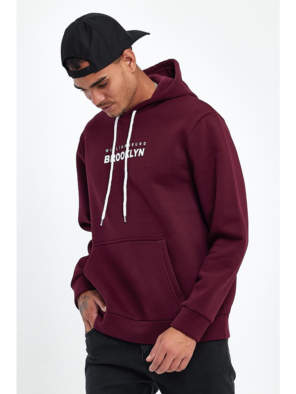Bordo Erkek Kapüşonlu Regular Fit İçi Polarlı 3 İplik Wıllamsburg Brooklyn Baskılı Spr24sw04-2