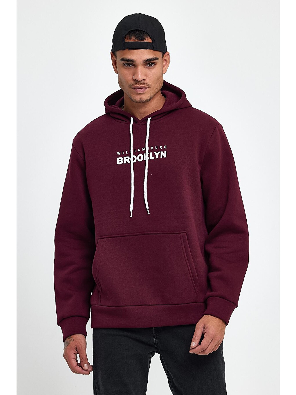 Bordo Erkek Kapüşonlu Regular Fit İçi Polarlı 3 İplik Wıllamsburg Brooklyn Baskılı Spr24sw04-3