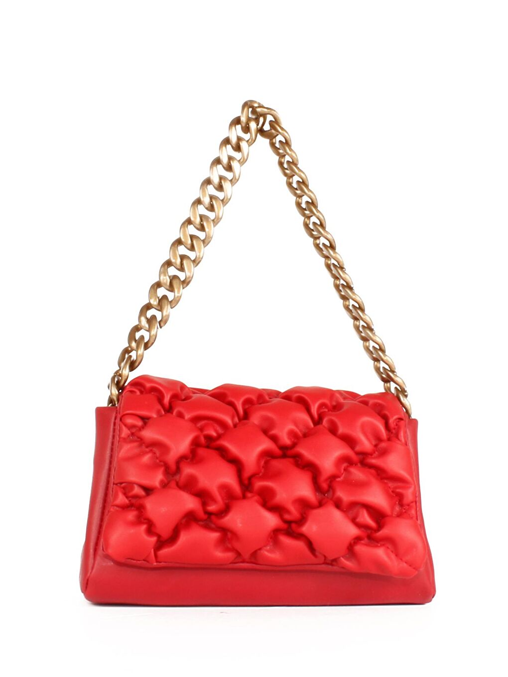 Kırmızı Kadın Zincir El Saplı Kırışık Dikişli Kapaklı El ve Omuz Çantası (10624)