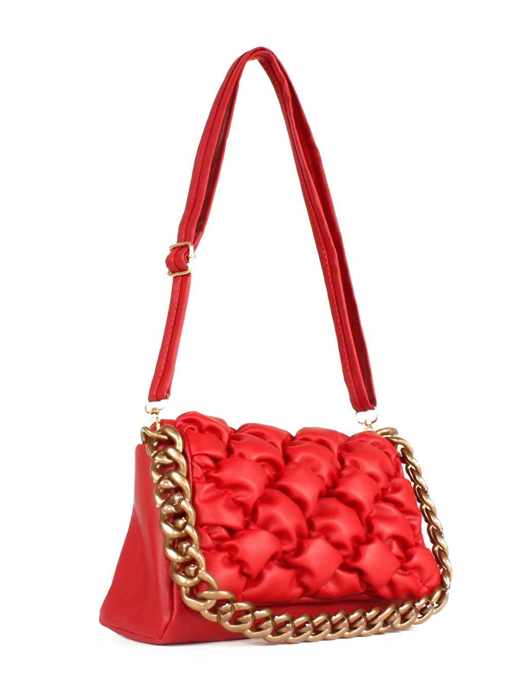 Kırmızı Kadın Zincir El Saplı Kırışık Dikişli Kapaklı El ve Omuz Çantası (10624)-1