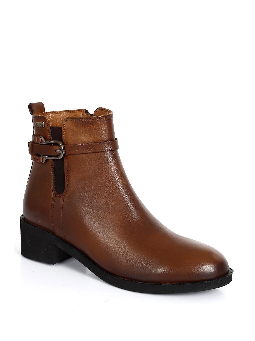 Kahverengi TABA-KAHVERENGİ  Hakiki Deri Yuvarlak Burun Kauçuk Taban Topuklu Fermuarlı Tokalı Kadın Günlük Bot 5-4