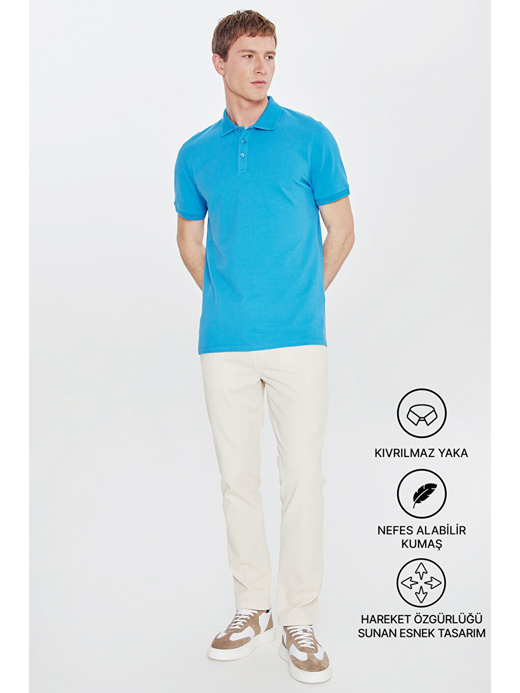 Erkek Turkuaz Slim Fit Dar Kesim Polo Yaka %100 Pamuk Kısa Kollu Tişört-1