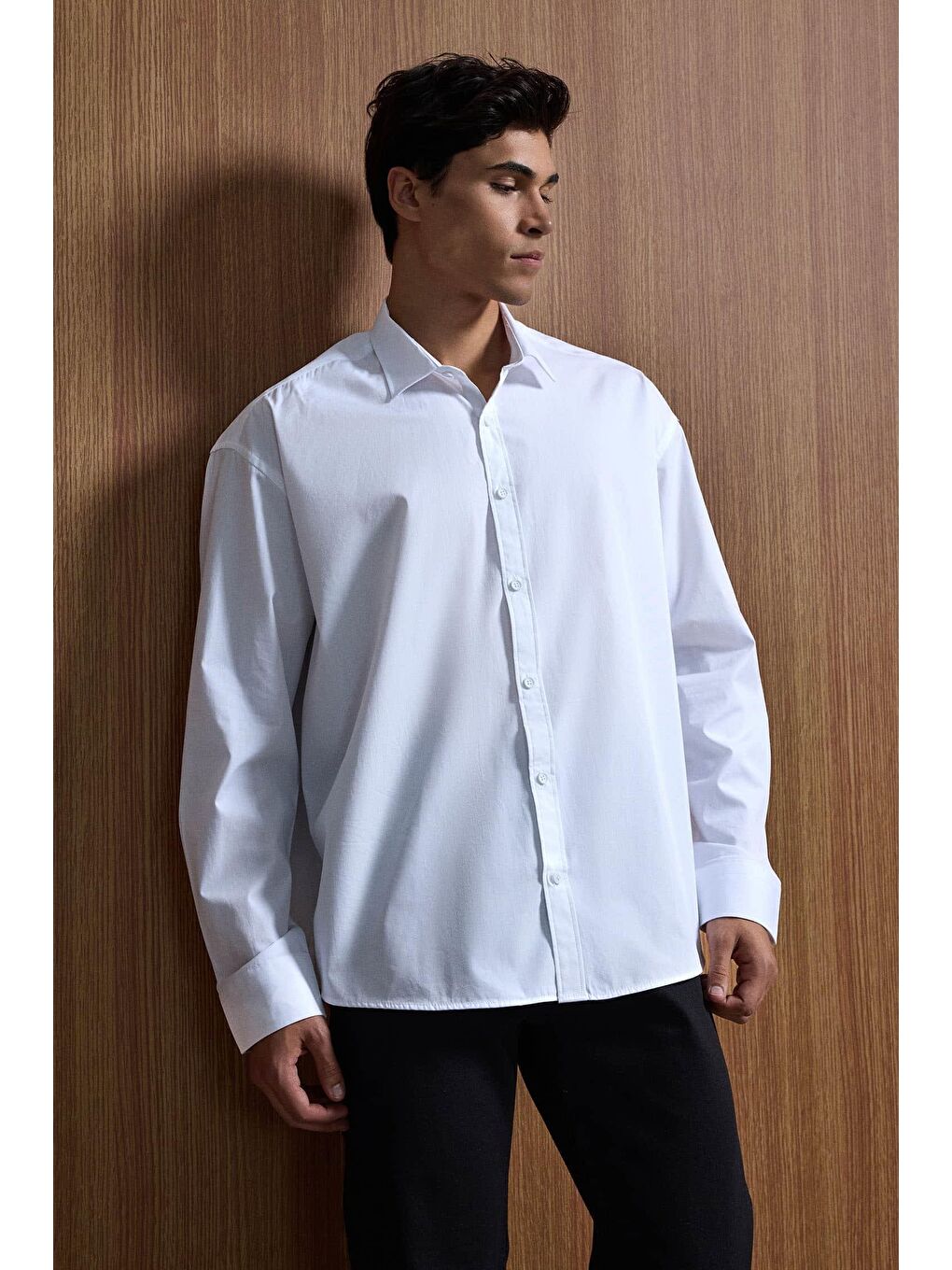 Erkek Oversize Uzun Kollu Basic Gömlek Beyaz