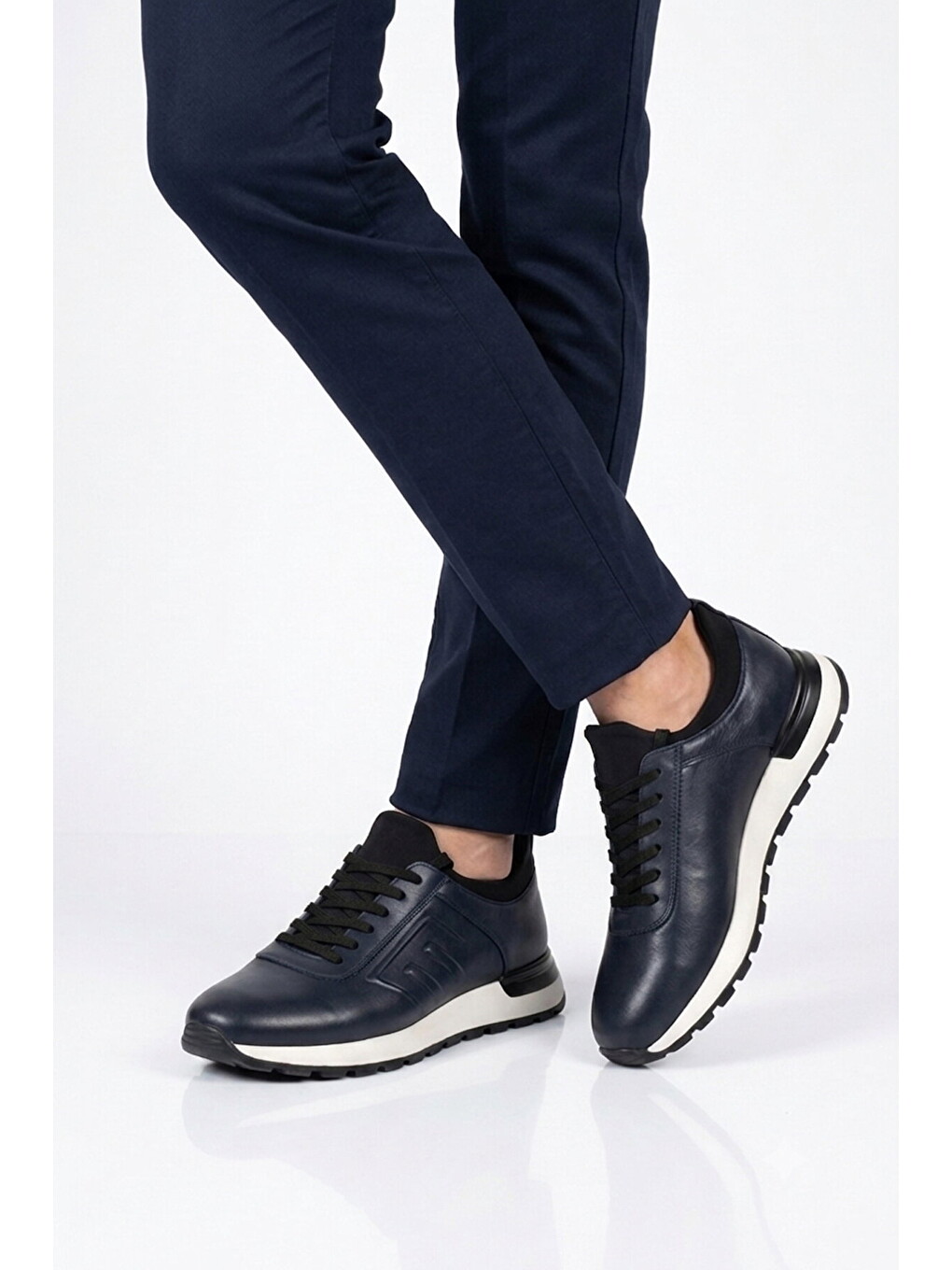 Erkek Lacivert Hakiki Deri Casual Ayakkabı Bağcıklı Rahat Konfor Tabanlı Sneaker M294 M-1