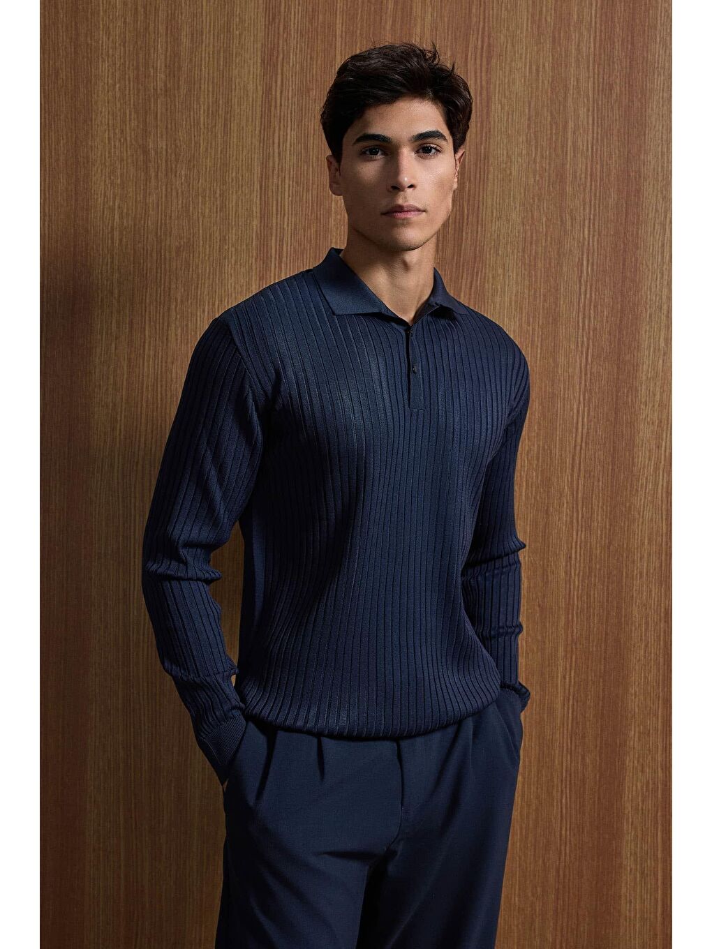 Erkek Slim Fit Polo Yaka Fitilli Örme Triko Kazak Lacivert