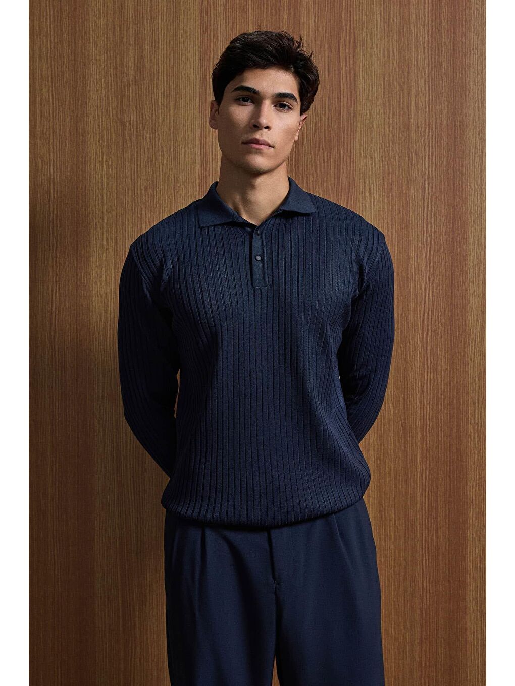 Erkek Slim Fit Polo Yaka Fitilli Örme Triko Kazak Lacivert-2