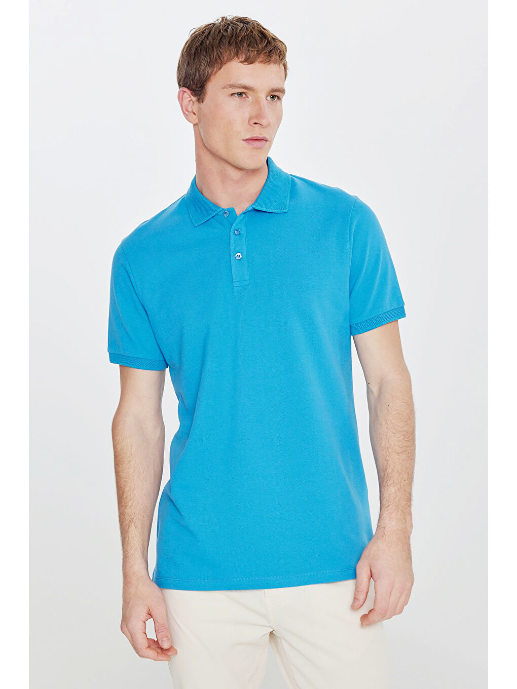 Erkek Turkuaz Slim Fit Dar Kesim Polo Yaka %100 Pamuk Kısa Kollu Tişört-5