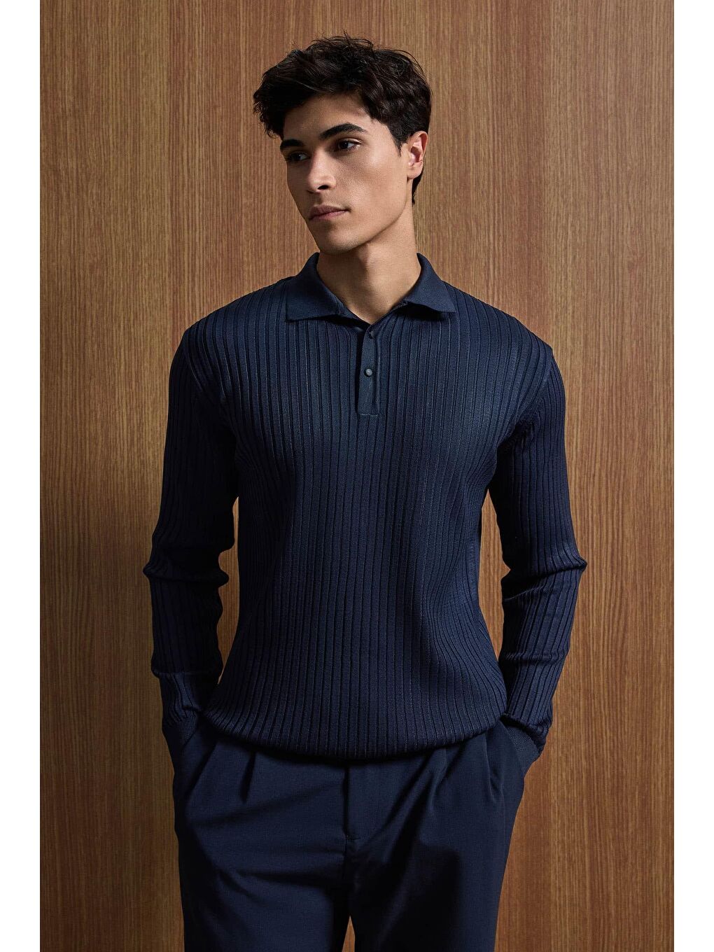 Erkek Slim Fit Polo Yaka Fitilli Örme Triko Kazak Lacivert-3