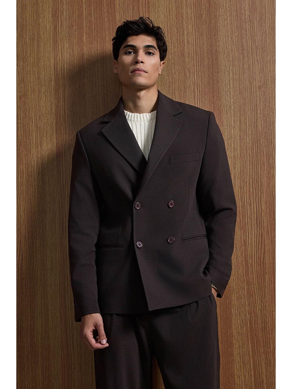 Kahverengi Erkek Oversize Rahat Kalıp Kruvaze Takım Elbise Kahve-1