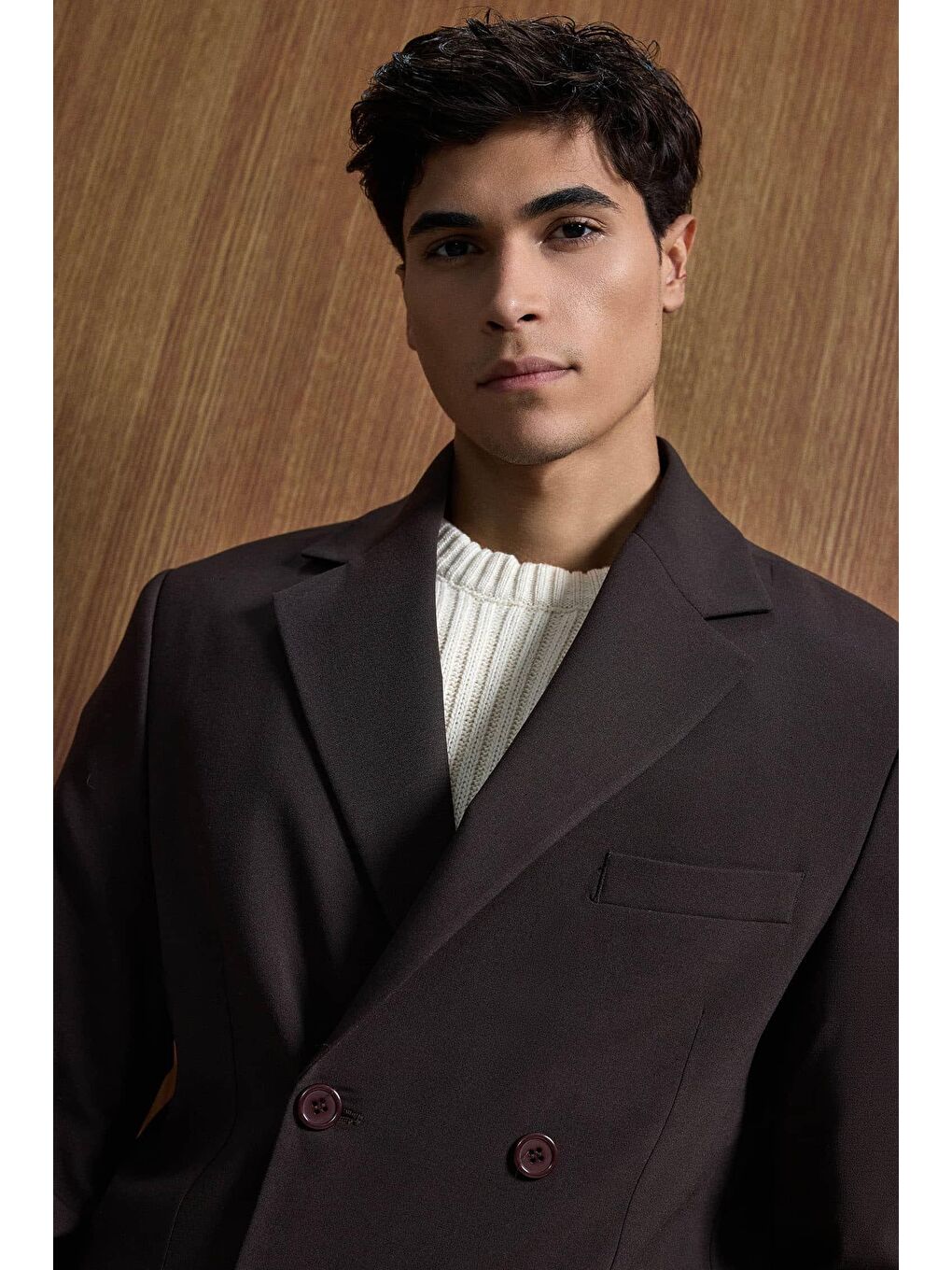 Kahverengi Erkek Oversize Rahat Kalıp Kruvaze Takım Elbise Kahve-2