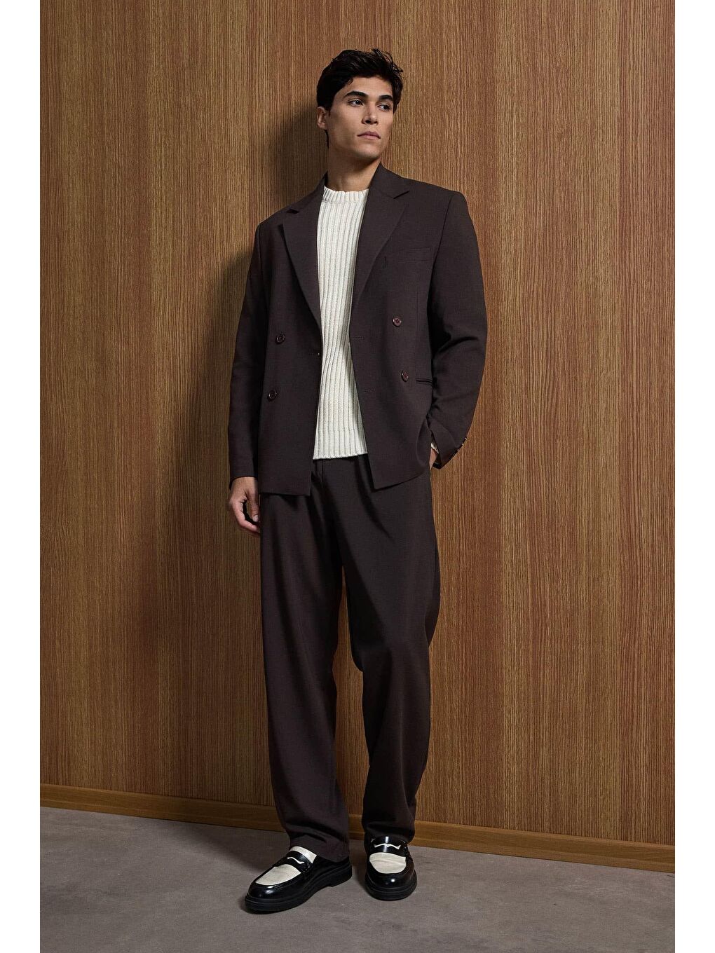 Kahverengi Erkek Oversize Rahat Kalıp Kruvaze Takım Elbise Kahve-3