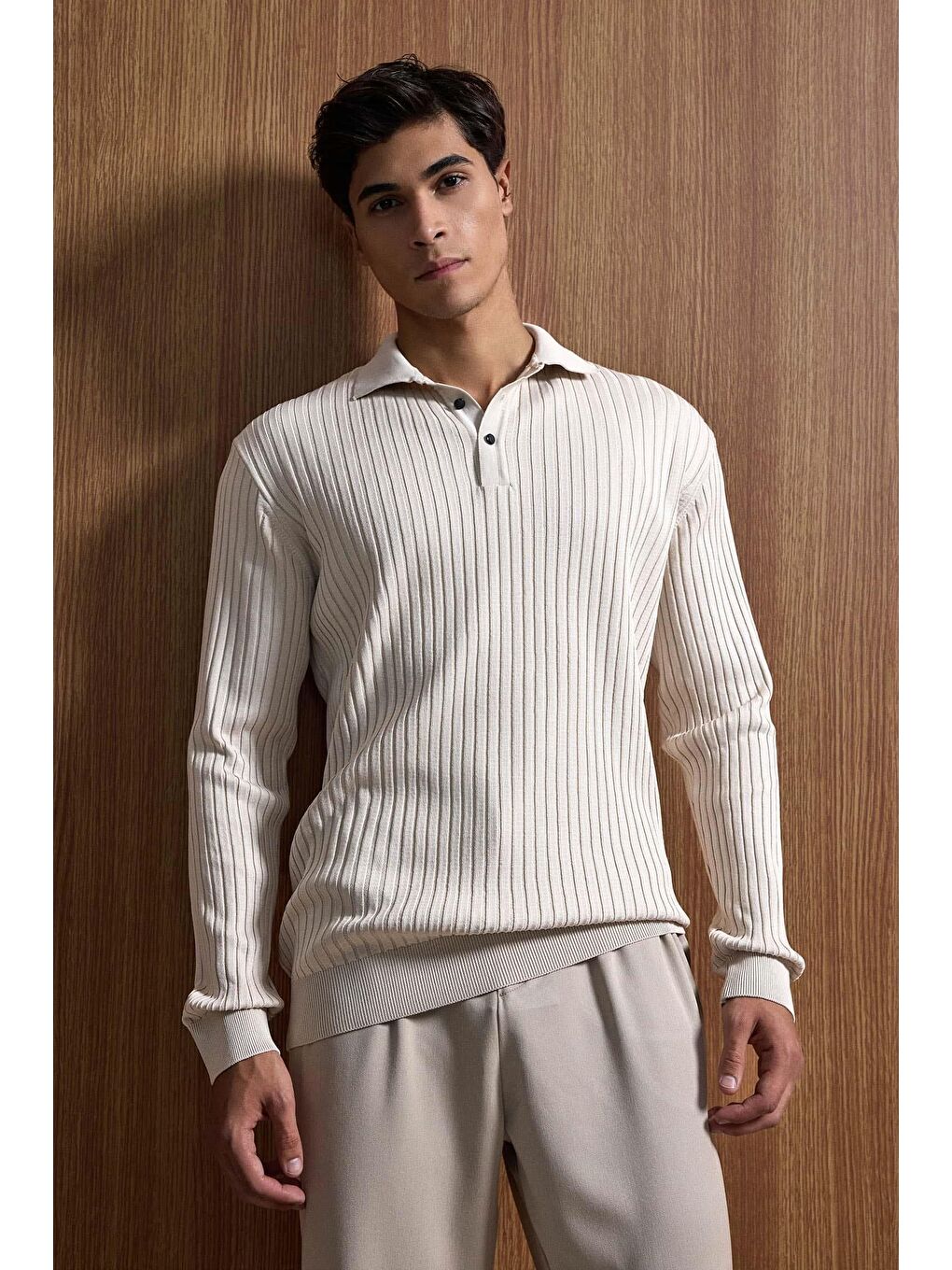 Gri Erkek Slim Fit Polo Yaka Fitilli Örme Triko Kazak Taş Rengi