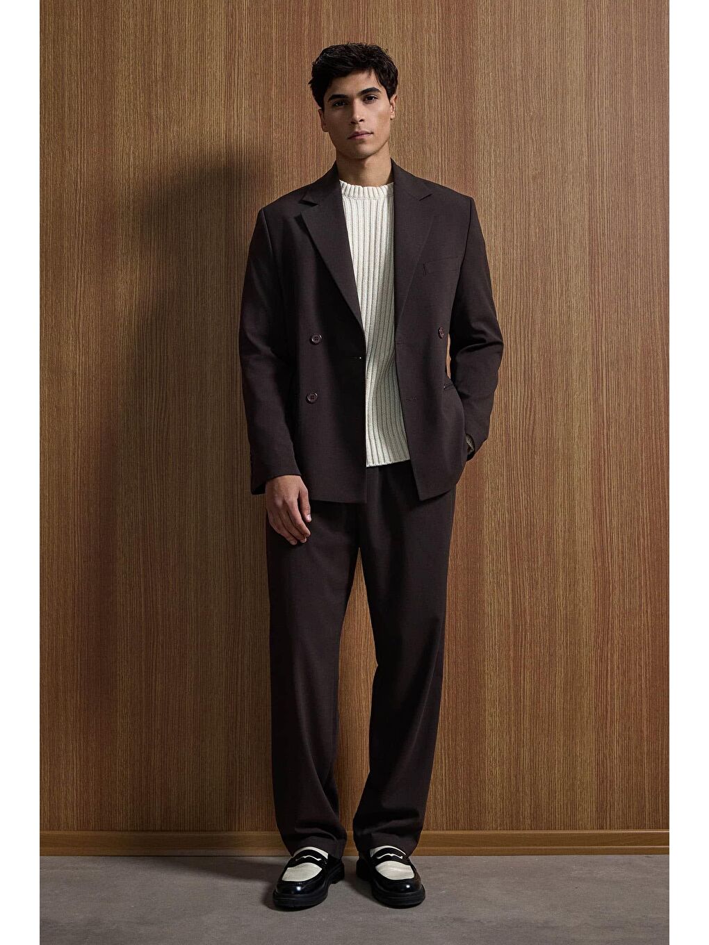 Kahverengi Erkek Oversize Rahat Kalıp Kruvaze Takım Elbise Kahve-4