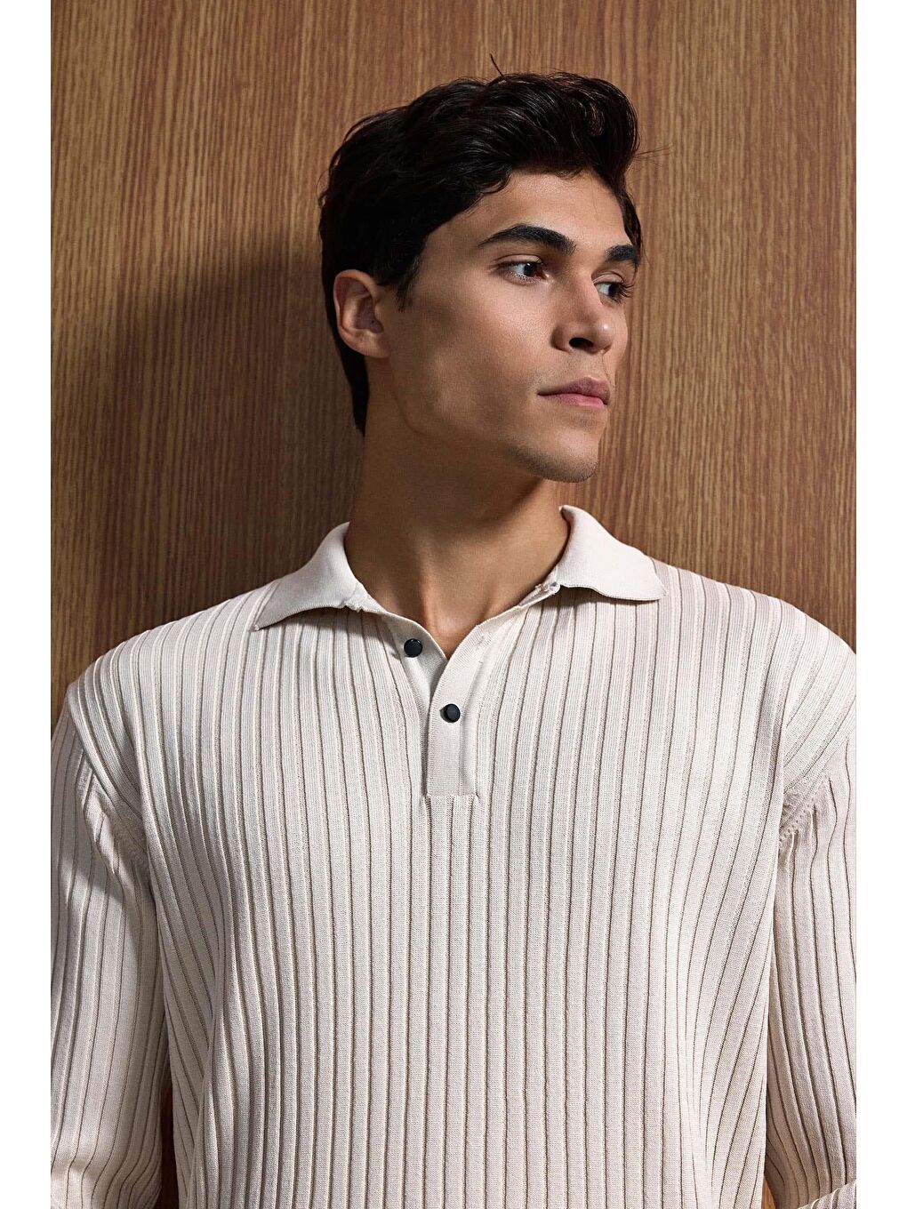 Gri Erkek Slim Fit Polo Yaka Fitilli Örme Triko Kazak Taş Rengi-1