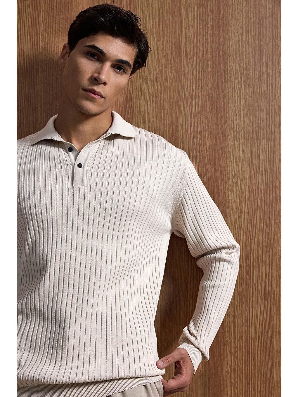 Gri Erkek Slim Fit Polo Yaka Fitilli Örme Triko Kazak Taş Rengi-2