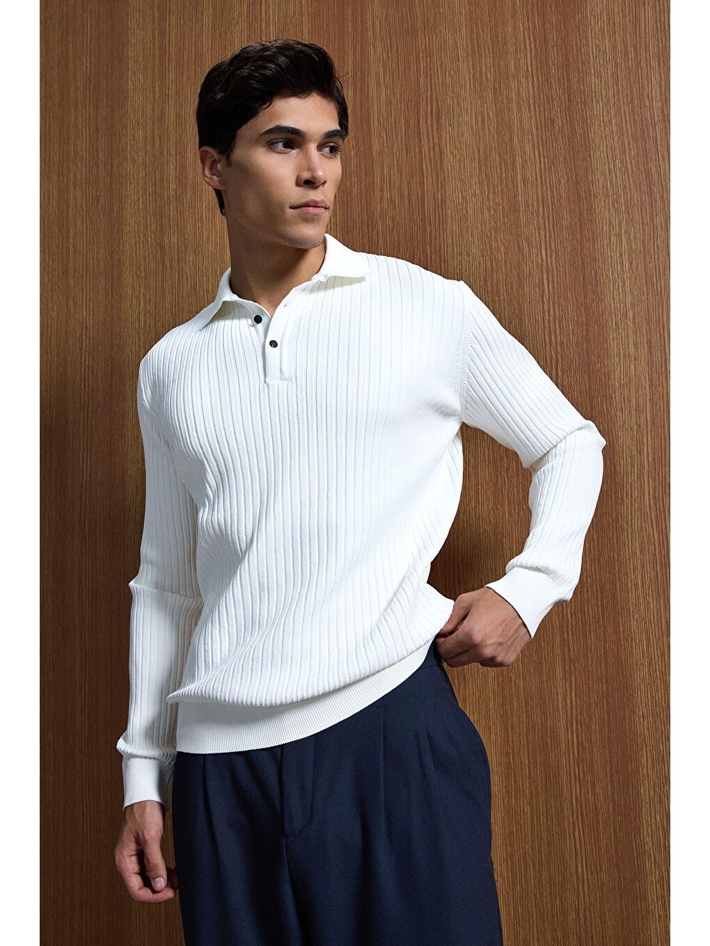 Erkek Slim Fit Polo Yaka Fitilli Örme Triko Kazak Ekru