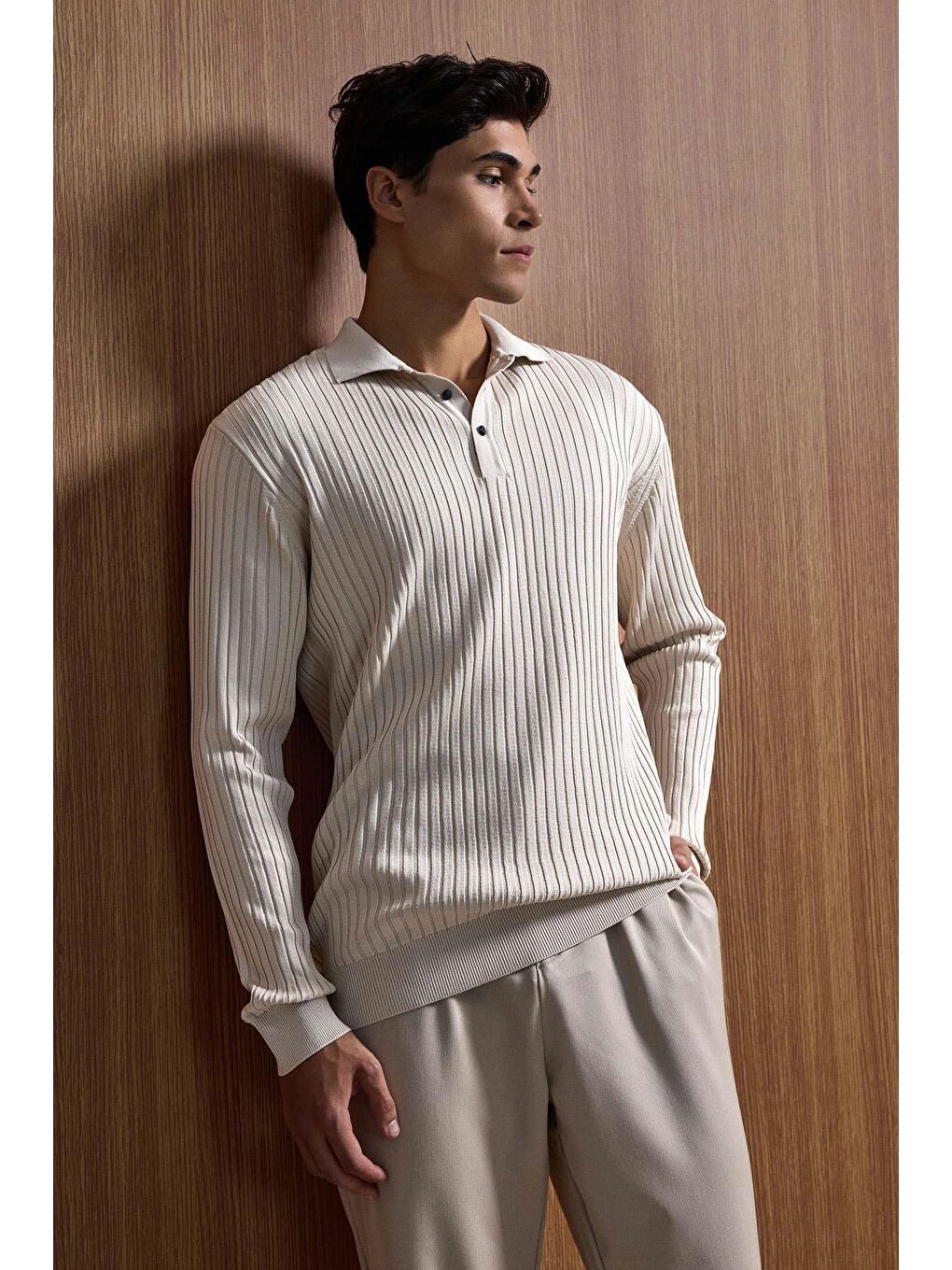 Gri Erkek Slim Fit Polo Yaka Fitilli Örme Triko Kazak Taş Rengi-3