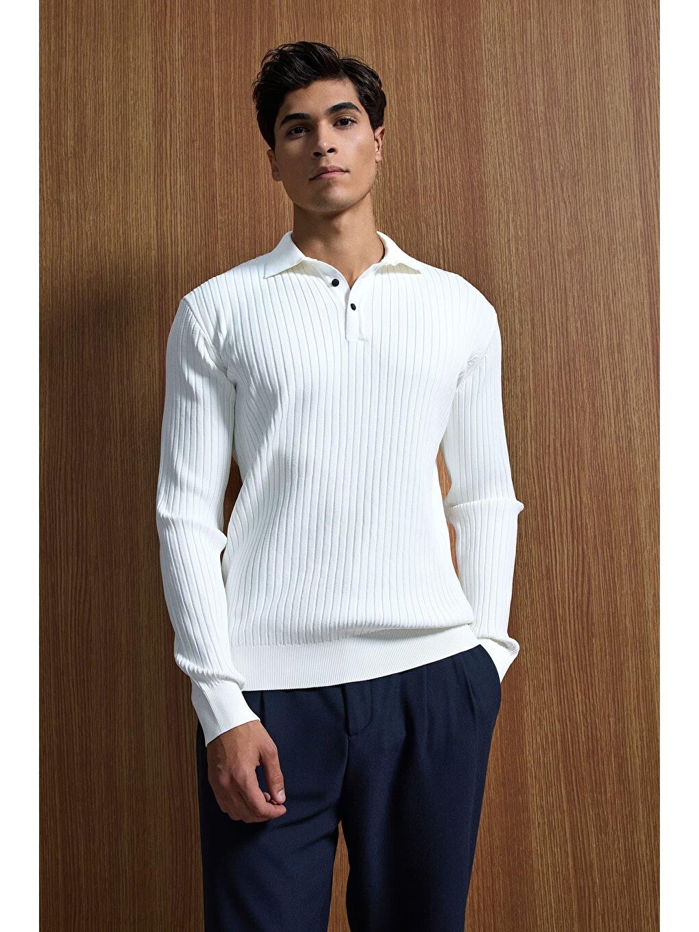 Erkek Slim Fit Polo Yaka Fitilli Örme Triko Kazak Ekru-1