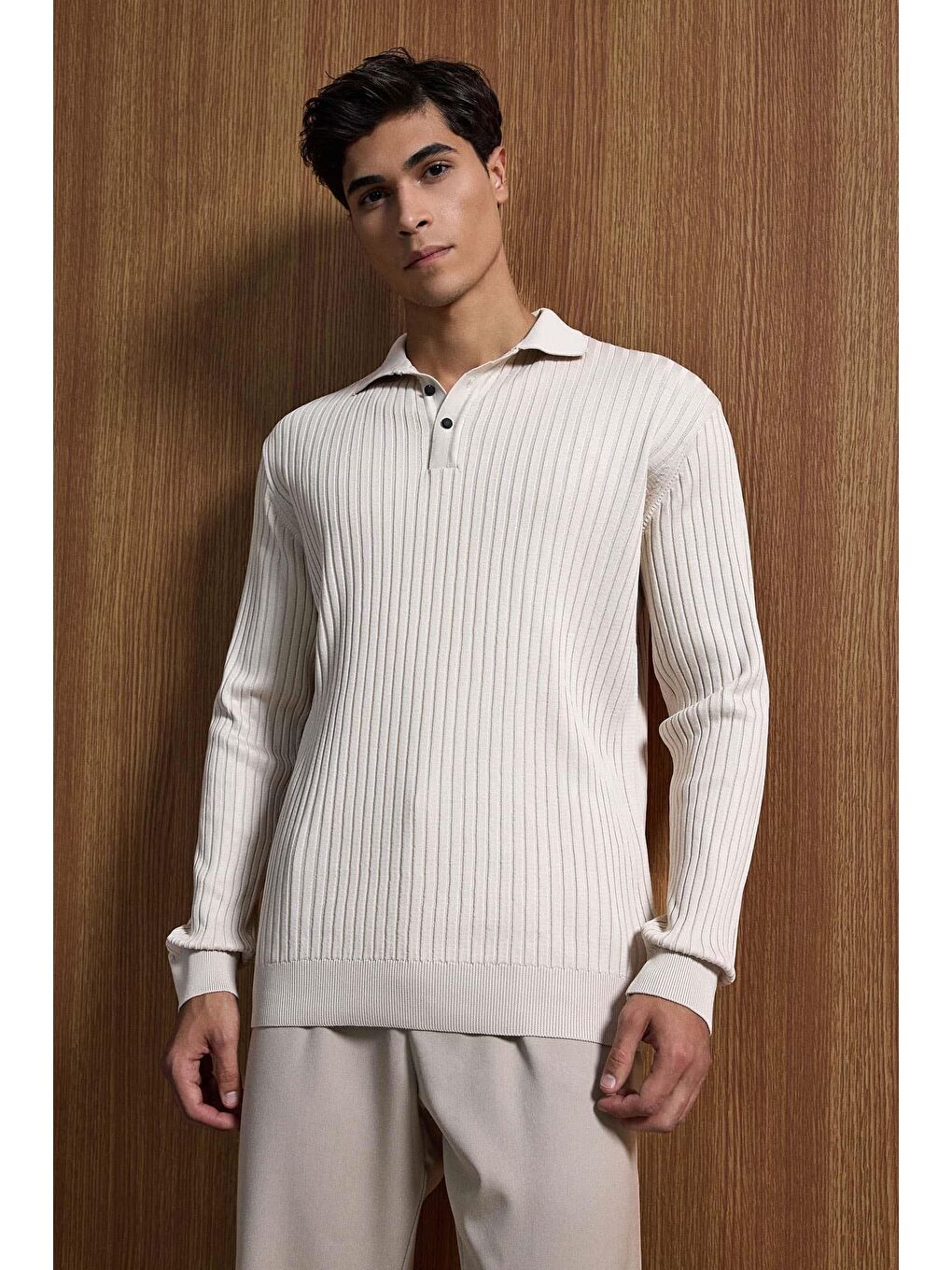 Gri Erkek Slim Fit Polo Yaka Fitilli Örme Triko Kazak Taş Rengi-4