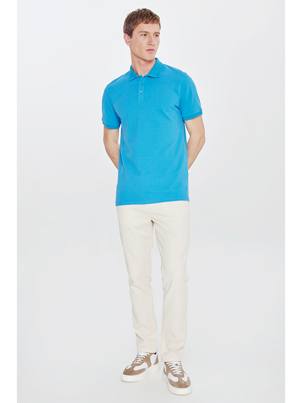 Erkek Turkuaz Slim Fit Dar Kesim Polo Yaka %100 Pamuk Kısa Kollu Tişört-6