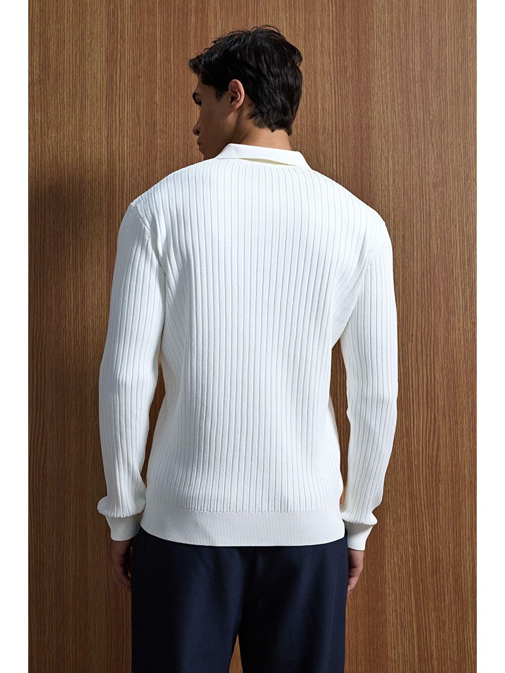 Erkek Slim Fit Polo Yaka Fitilli Örme Triko Kazak Ekru-3