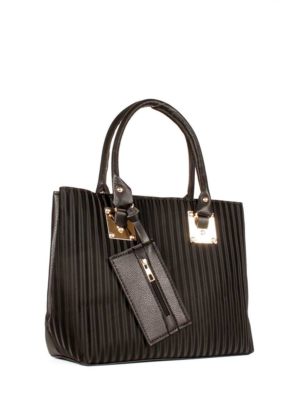 Siyah Kadın Anne Tarz Saten Dokulu Cüzdanlı Gold Varaklı El ve Omuz Çantası (10622)-1