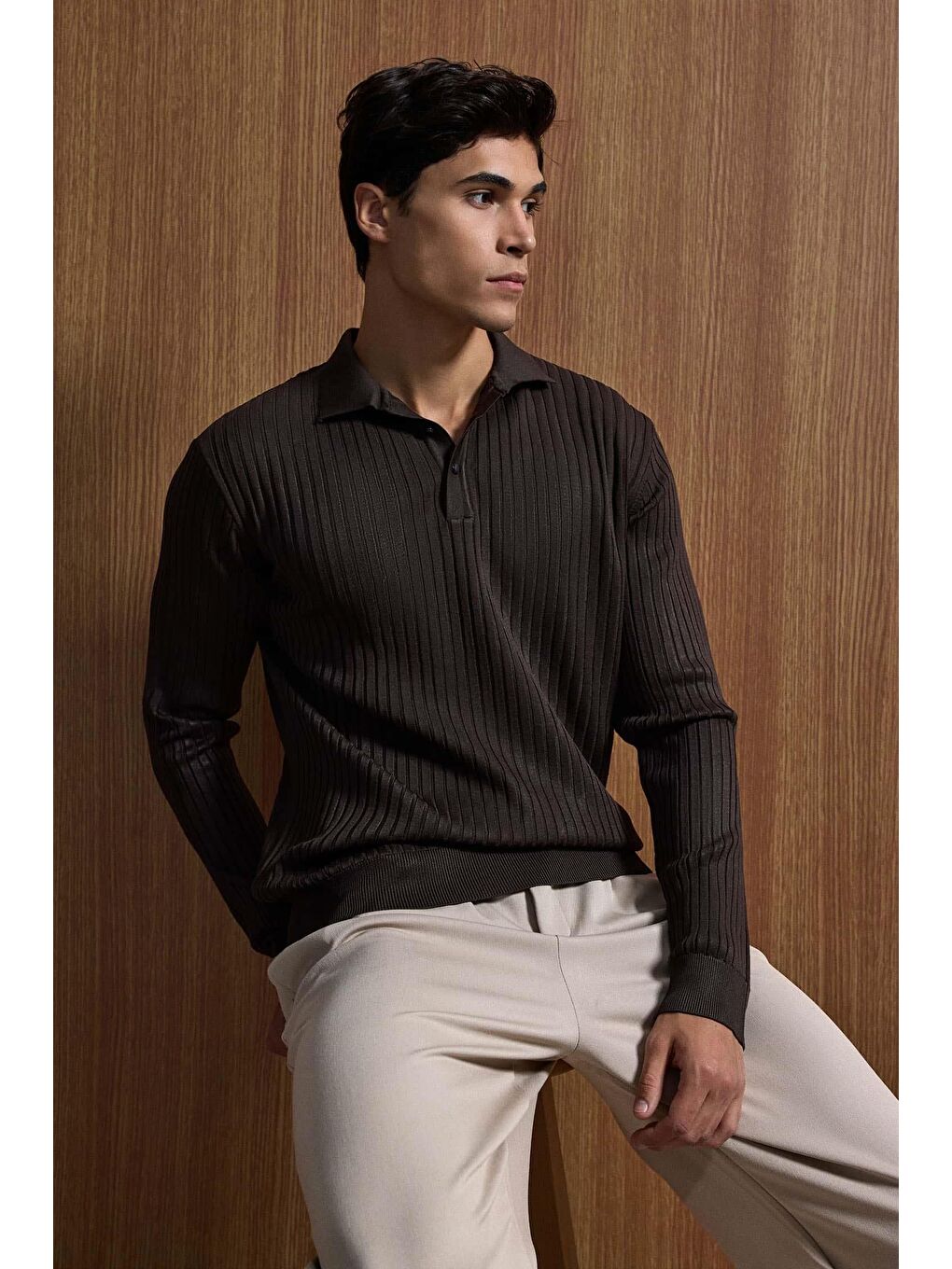 Erkek Slim Fit Polo Yaka Fitilli Örme Triko Kazak Kahverengi-3