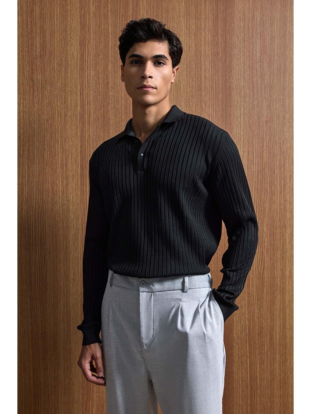 Erkek Slim Fit Polo Yaka Fitilli Örme Triko Kazak Siyah-1